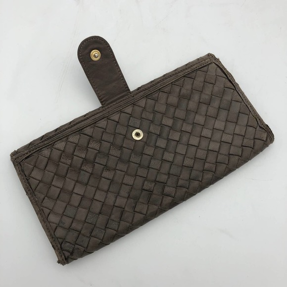Brown Woven Leather Wallet Long Bi-Fold Italian - Picture 6 of 8